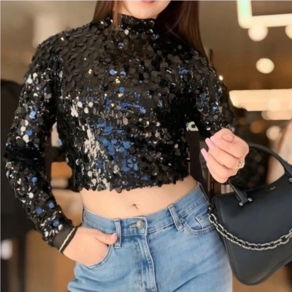 DKNY Jeans Women’s Embellished Sequin Crop Top Gunmetal Black M